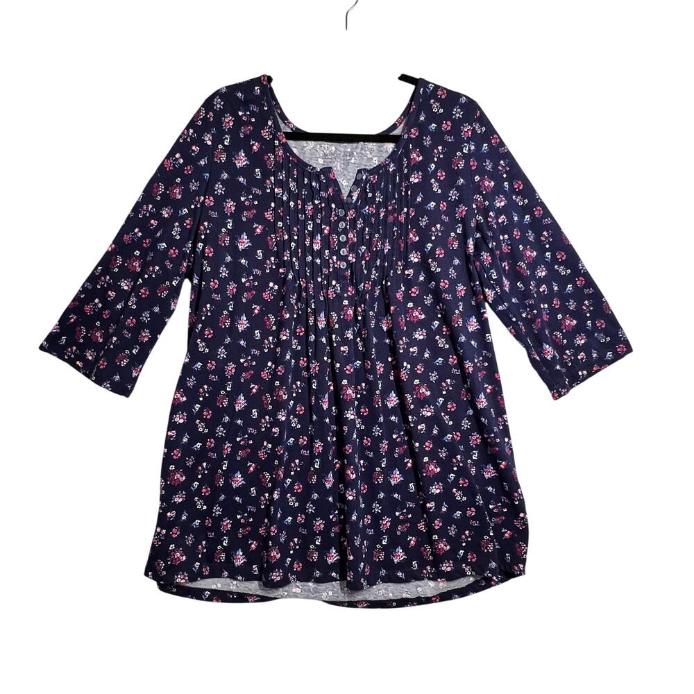 WOMAN WITHIN Blouse Women 18 20 Navy Floral Pintuck Cotton Blend Plus Size